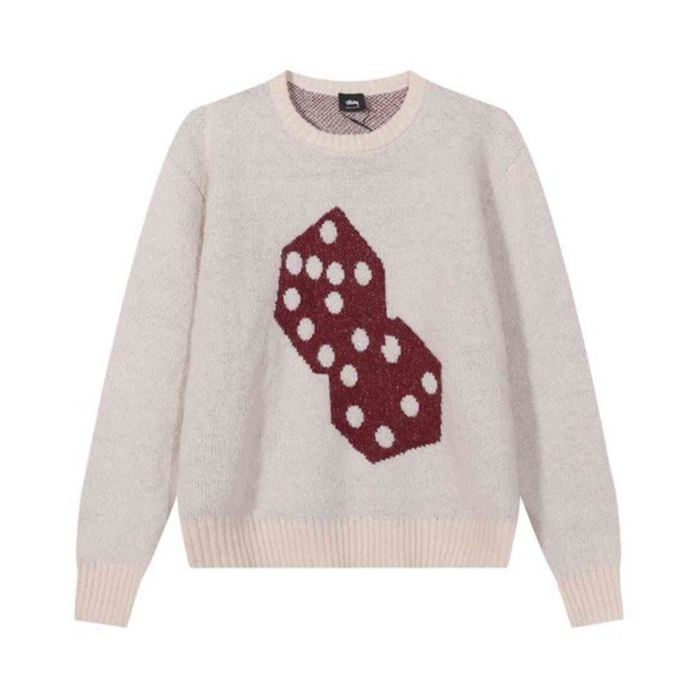 Women's Cream Sweater with Burgundy Dice Design